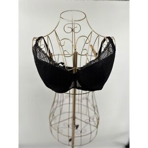 Victorias Secret Bra 38DD Plunge Solid Black Fishnet Underwire